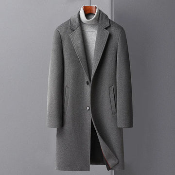 Men's warm winter overcoat with single button closure