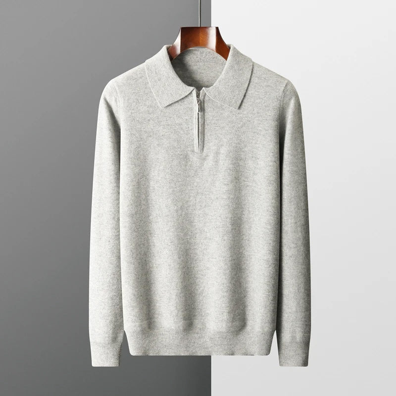 Men's long sleeve zip-up sweater with polo collar