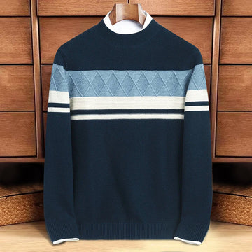 Men's long sleeve sweater with diamond pattern and stripes