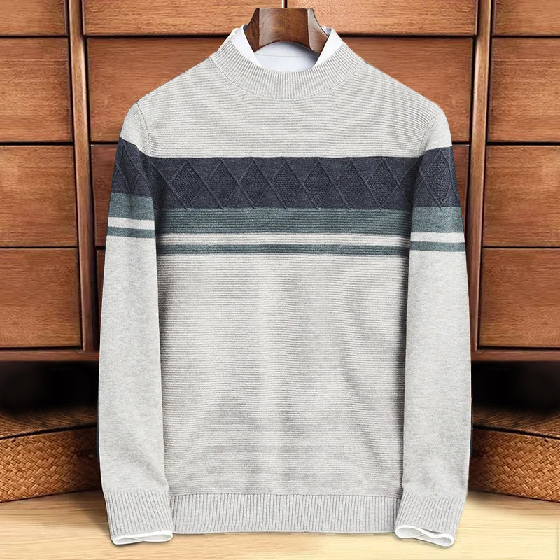 Men's long sleeve sweater with diamond pattern and stripes