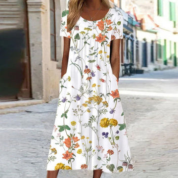 Women's Midi Dress - A-Line Silhouette - Short Sleeve - Floral Pattern - Round Neck