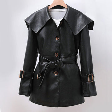 Women slim fit PU leather jacket with belt - washed mid length lapel coat