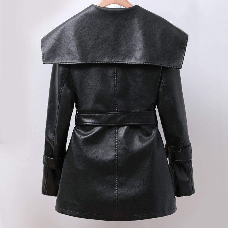 Women slim fit PU leather jacket with belt - washed mid length lapel coat