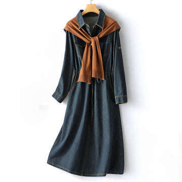 Women's denim dress with contrast scarf