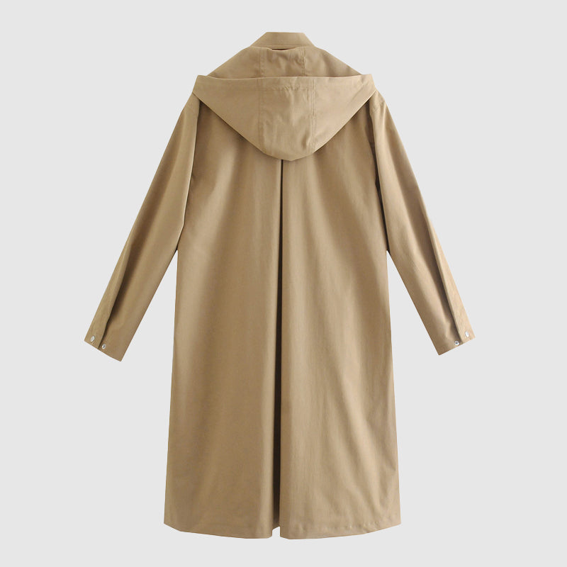 Women's long sleeve hooded trench coat in beige