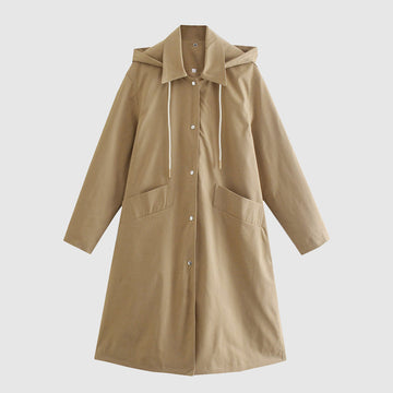 Women's long sleeve hooded trench coat in beige