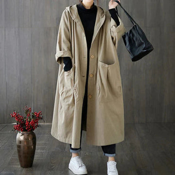 Women's Oversized Trench Coat - Hooded - Button-Up - Long Sleeve - Mid-Calf Length