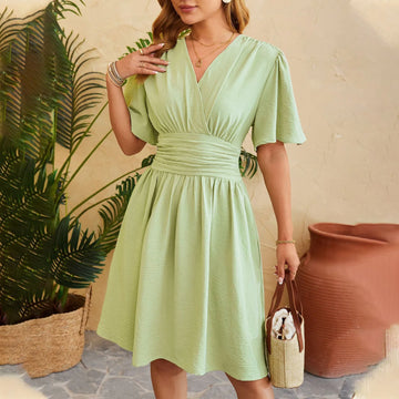 Women's Wrap Dress - V-Neck Flutter Sleeve - Ruched Waist A-Line Silhouette