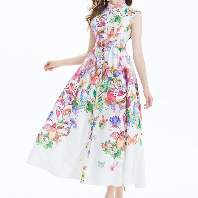 Women's Boho Floral Print Chiffon Sleeveless Dress with Belt