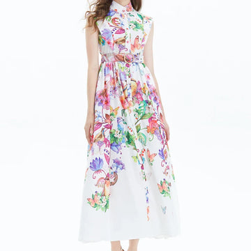 Women's Boho Floral Print Chiffon Sleeveless Dress with Belt