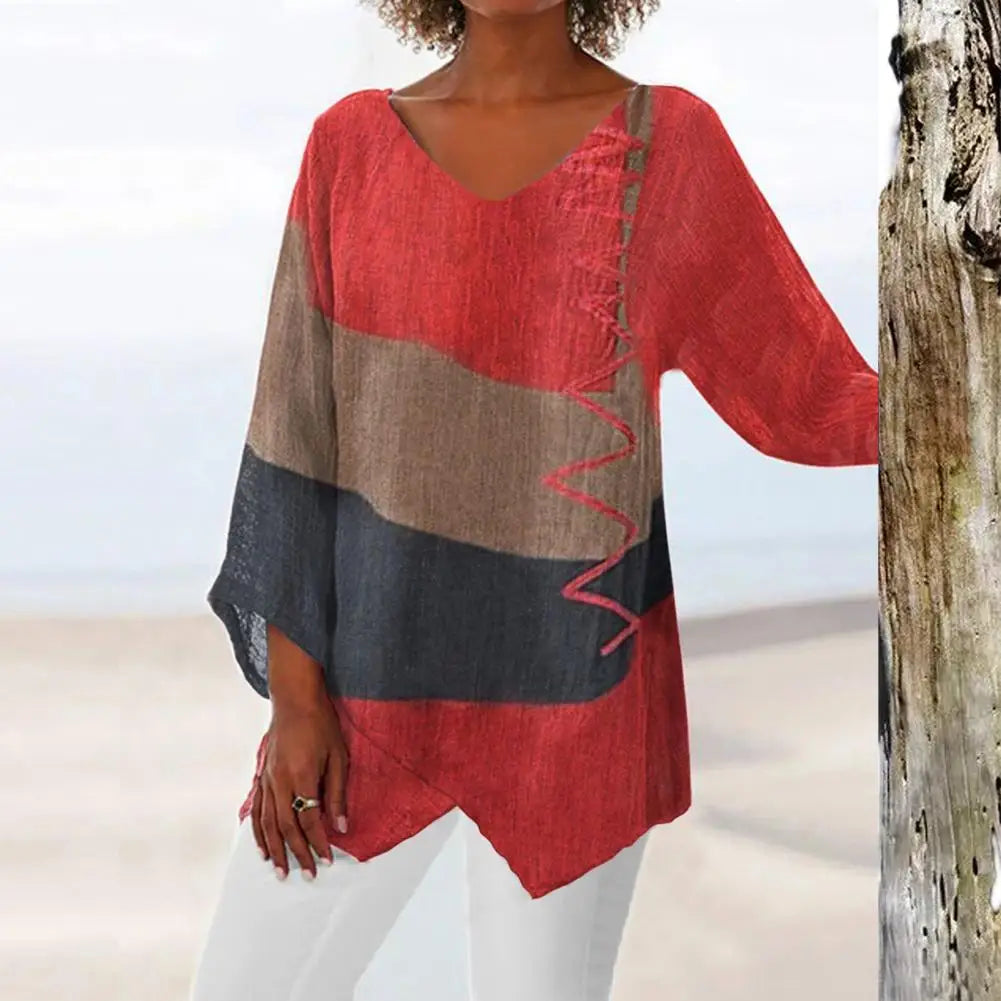 Women's multicolored v-neck tunic with zigzag stitching