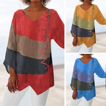 Women's multicolored v-neck tunic with zigzag stitching