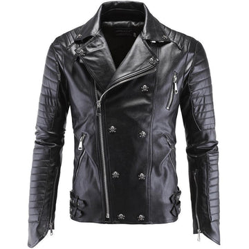 Men's black leather jacket with skull rivets and asymmetrical zipper