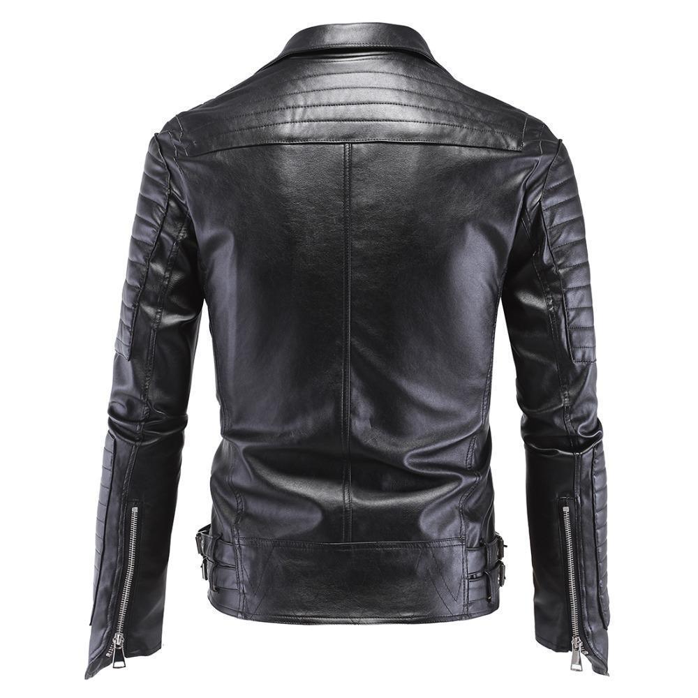 Men's black leather jacket with skull rivets and asymmetrical zipper