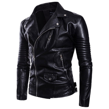 Men's leather motorcycle jacket with zipper closure and multi pockets