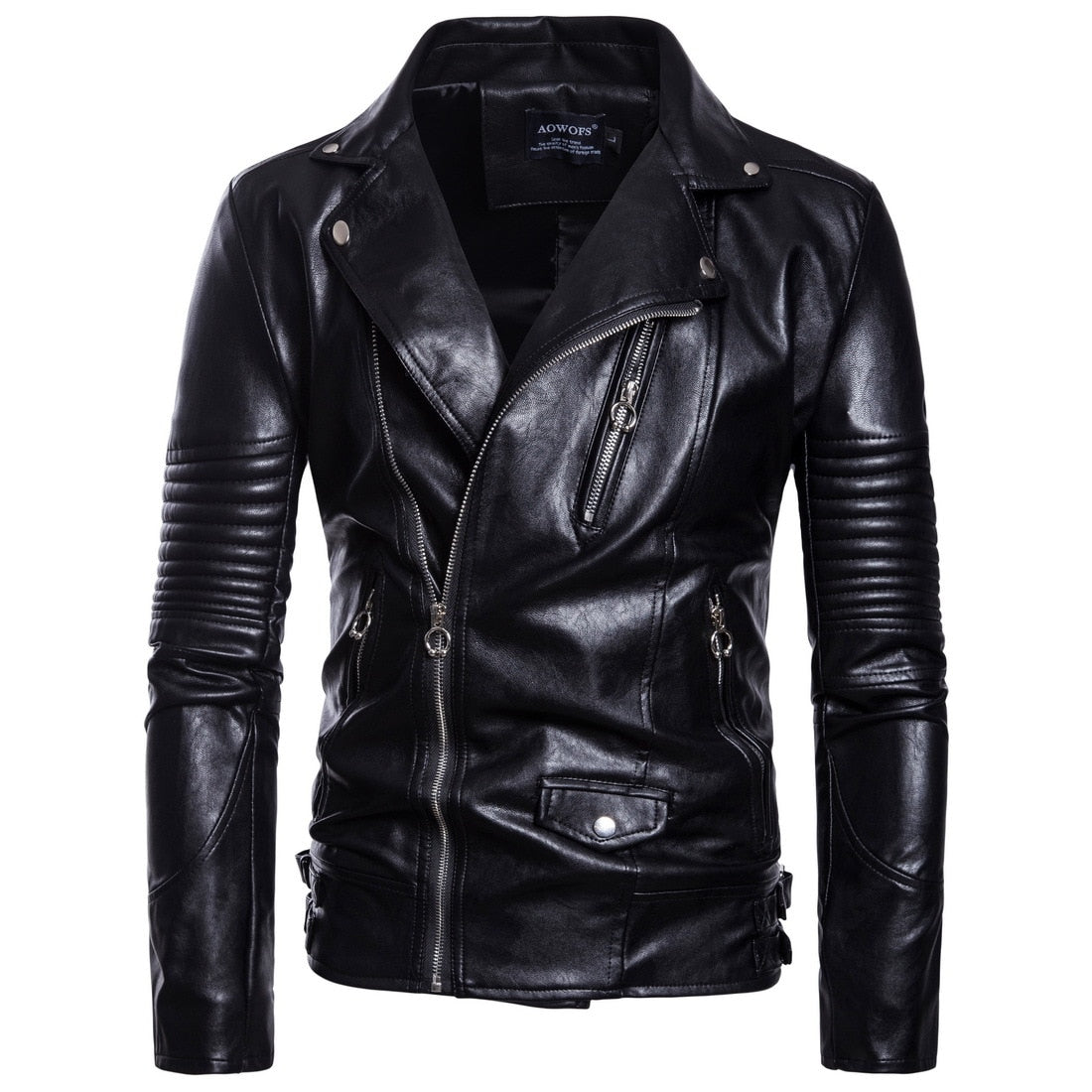 Men's leather motorcycle jacket with zipper closure and multi pockets