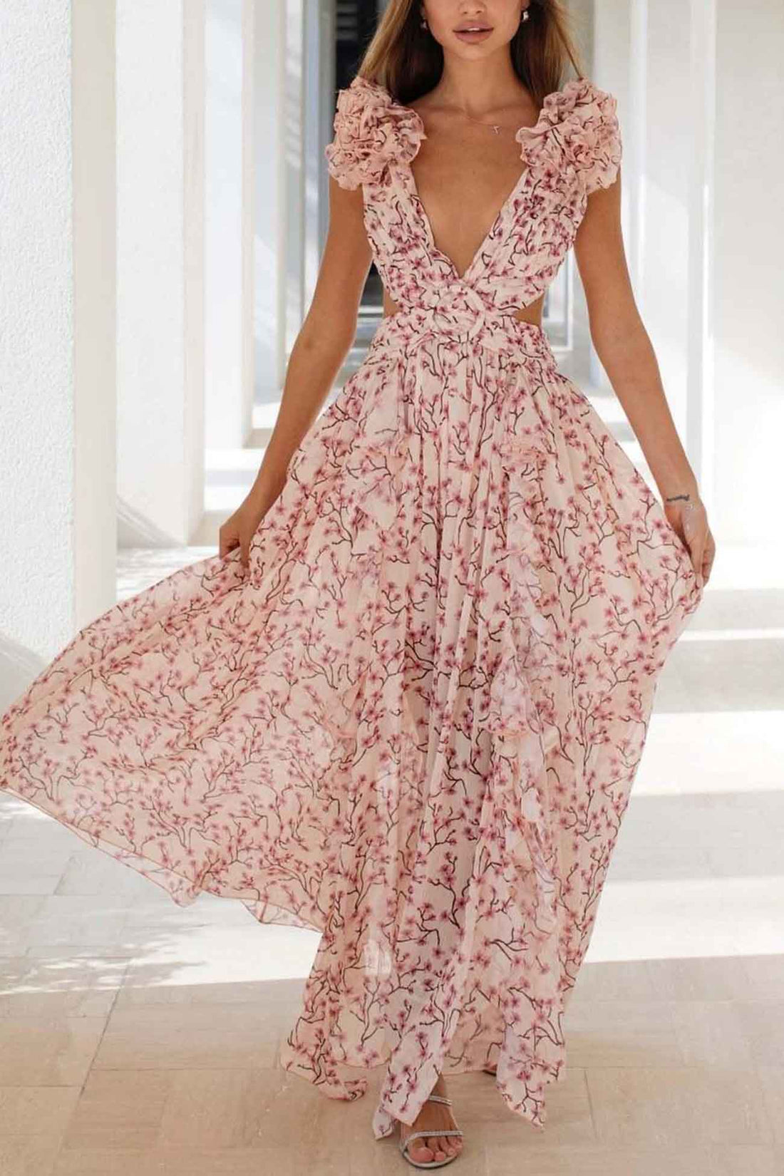 Women's Maxi Dress - Deep V-Neck - Ruffled Cap Sleeves - Cut-Out Waist - Thigh-High Slit