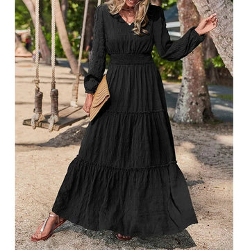 Women's Maxi Dress - Tiered Design - Long Sleeve - V-Neck - Elastic Waist