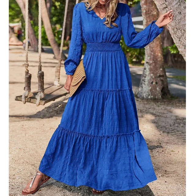 Women's Maxi Dress - Tiered Design - Long Sleeve - V-Neck - Elastic Waist