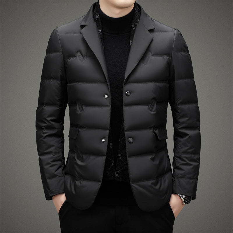 Men’s Quilted Down Jacket – Tailored Fit – Double-Breasted – Mid-Length Formal Style