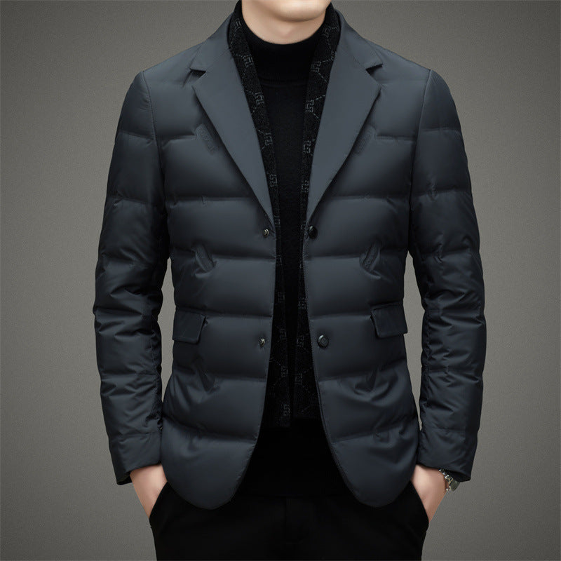 Men’s Quilted Down Jacket – Tailored Fit – Double-Breasted – Mid-Length Formal Style