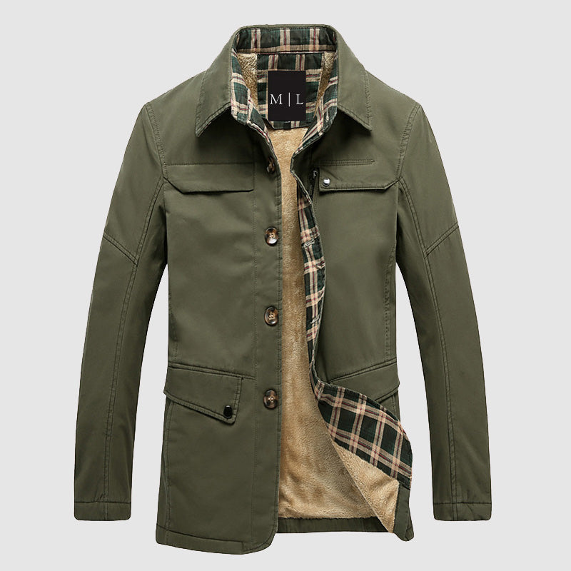 Men’s Jacket – Regular Fit – Fleece Lined – Button Front – Mid Length – Flap Pockets