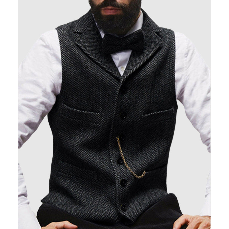 Men’s Vest – Tailored Fit – Wool Blend – Herringbone Pattern – Formal Button Front
