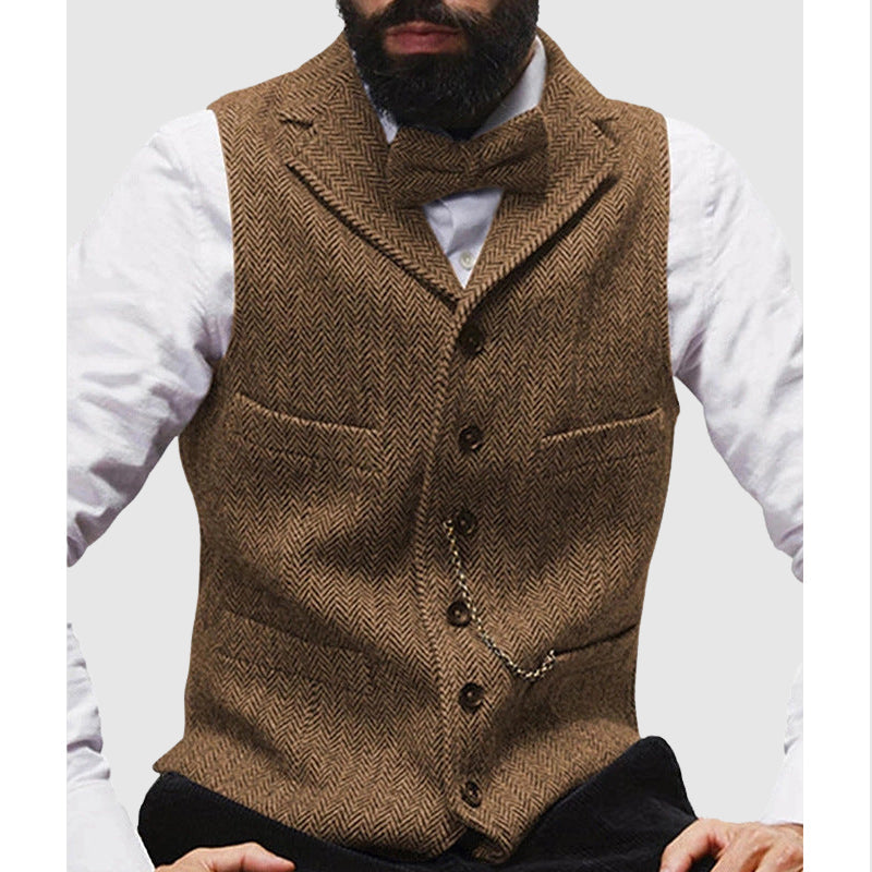 Men’s Vest – Tailored Fit – Wool Blend – Herringbone Pattern – Formal Button Front