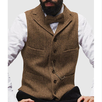 Men’s Vest – Tailored Fit – Wool Blend – Herringbone Pattern – Formal Button Front