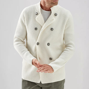 Me's white waffle knit cardigan with button closure