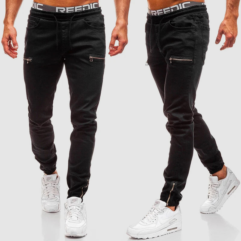 Men's casual denim jeans with frosted zipper design