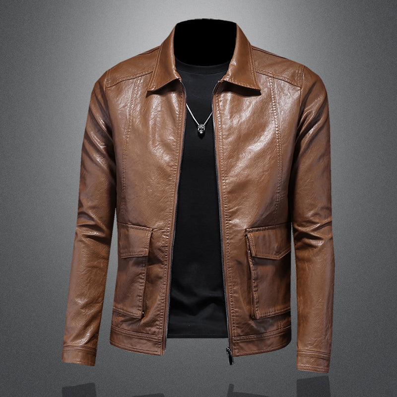 Men's moto leather jacket with zipper closure