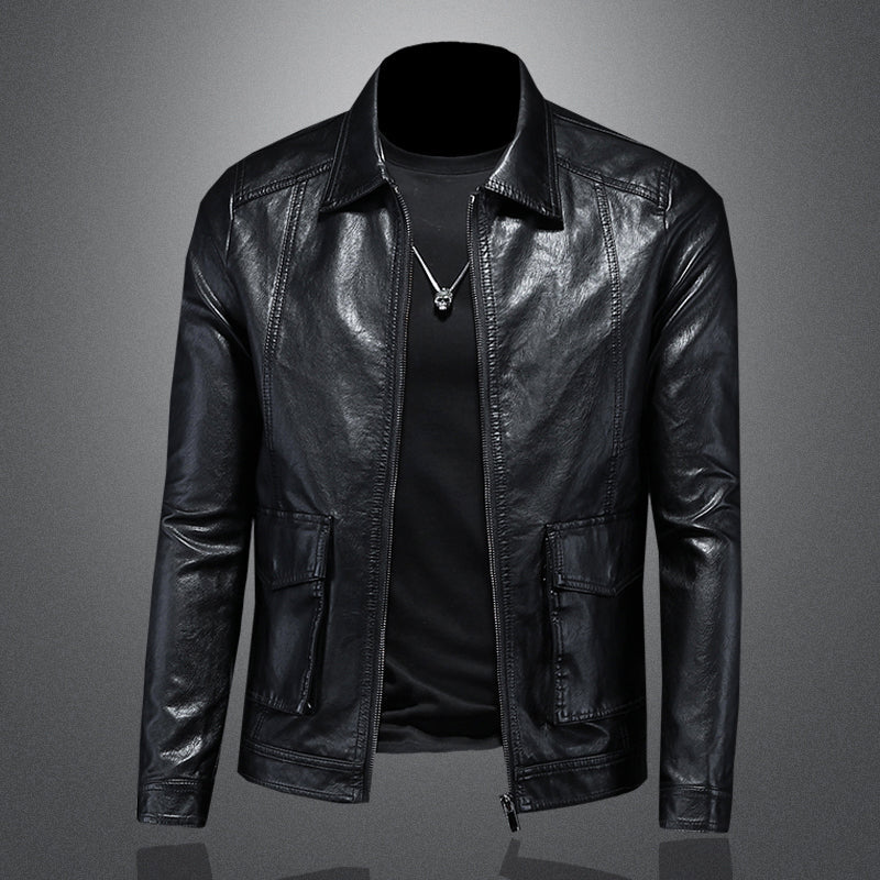 Men's moto leather jacket with zipper closure