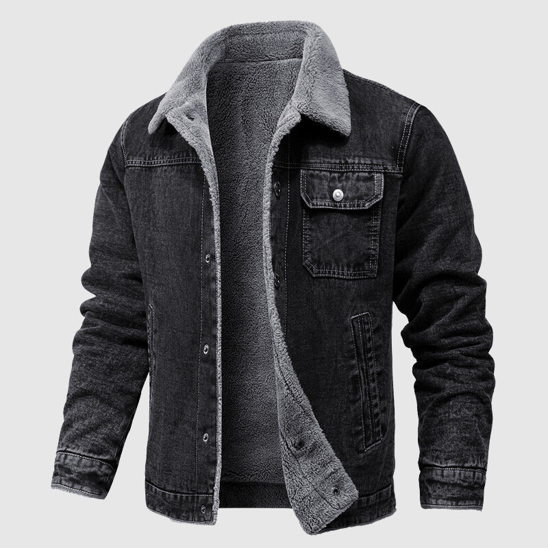 Men's denim winter jacket with lapel collar