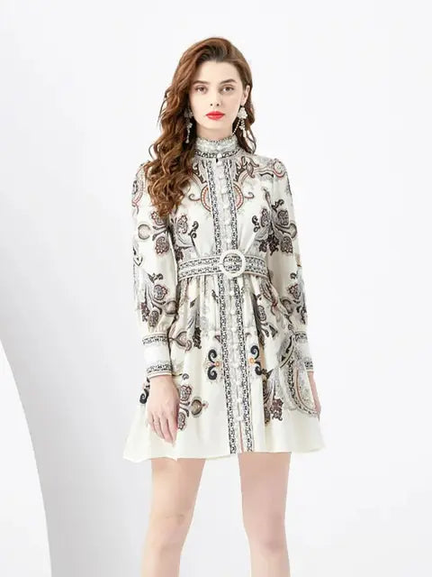 Women's Embroidered Short Dress - High Neck - Long Sleeve - Belted A-Line Elegant Wear