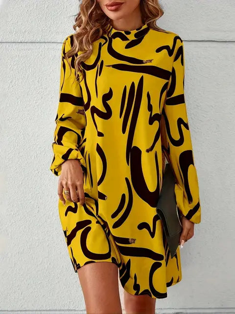 Women's Swing Dress - Abstract Print - Long Sleeve - High Neck - Flowy A-Line Fit