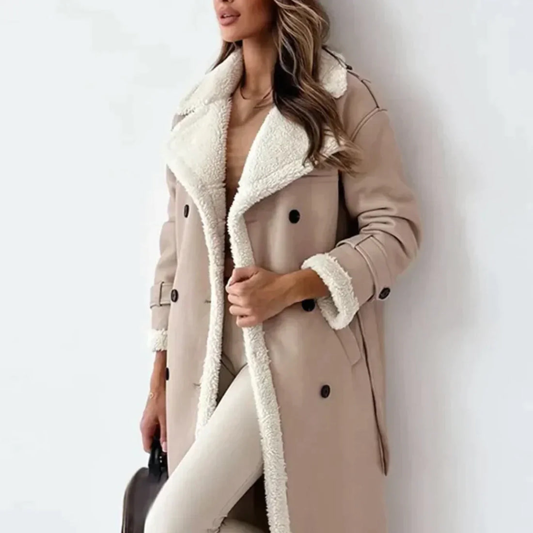 Women's Long Double-Breasted Coat - Shearling Lined - Wide Lapels - Warm Outerwear