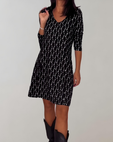 Women's A-Line Dress - V-Neck, Knee-Length, Three-Quarter Sleeve, Abstract Print