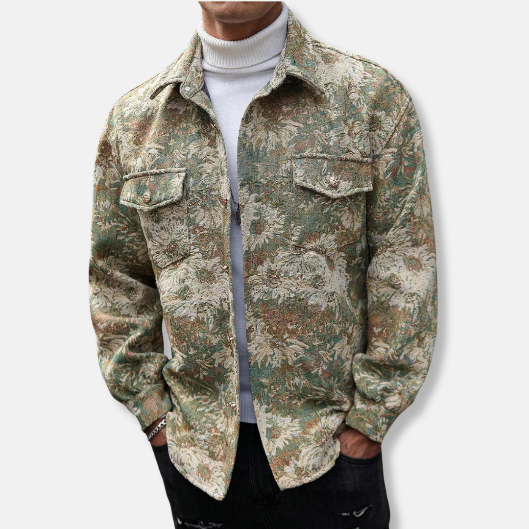Men’s Jacket – Relaxed Fit – Woven Texture – Floral Jacquard – Button Front – Long Sleeve