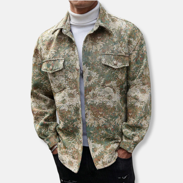 Men’s Jacket – Relaxed Fit – Woven Texture – Floral Jacquard – Button Front – Long Sleeve