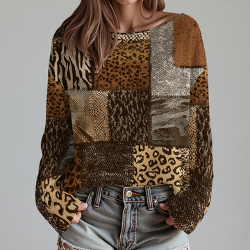 Women’s Sweatshirt – Relaxed Fit – Boat Neck – Long Sleeve – Patchwork Tribal & Animal Print