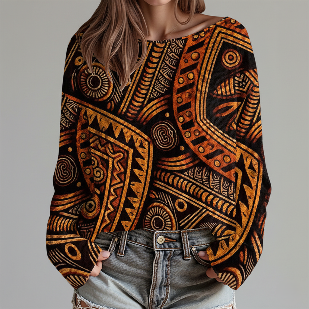Women’s Sweatshirt – Relaxed Fit – Boat Neck – Long Sleeve – Patchwork Tribal & Animal Print