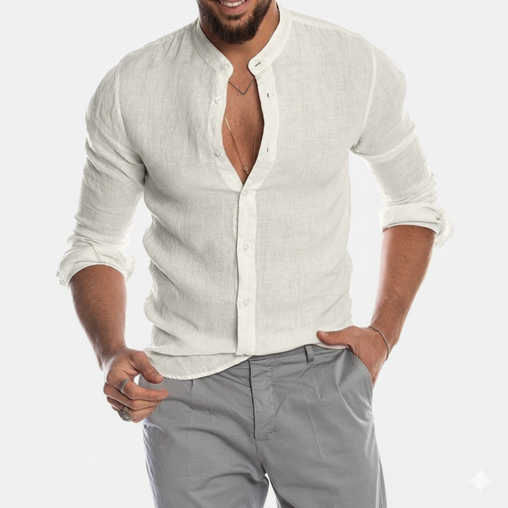 Men's Long-Sleeve Shirt - Mandarin Collar - Button-Down Tailored Fit - Lightweight Casual Wear