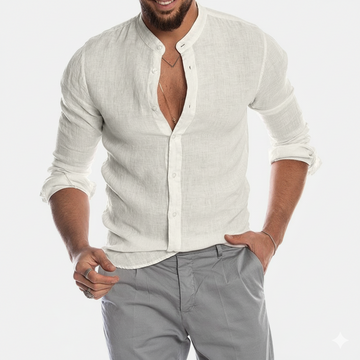 Men's Long-Sleeve Shirt - Mandarin Collar - Button-Down Tailored Fit - Lightweight Casual Wear