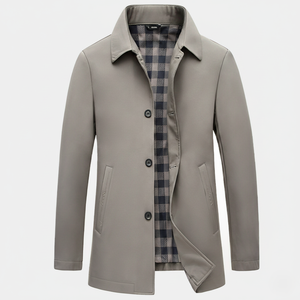 Men’s Mid-Length Jacket – Slim to Regular Fit – Pointed Lapel – Plaid Lined – Button Front