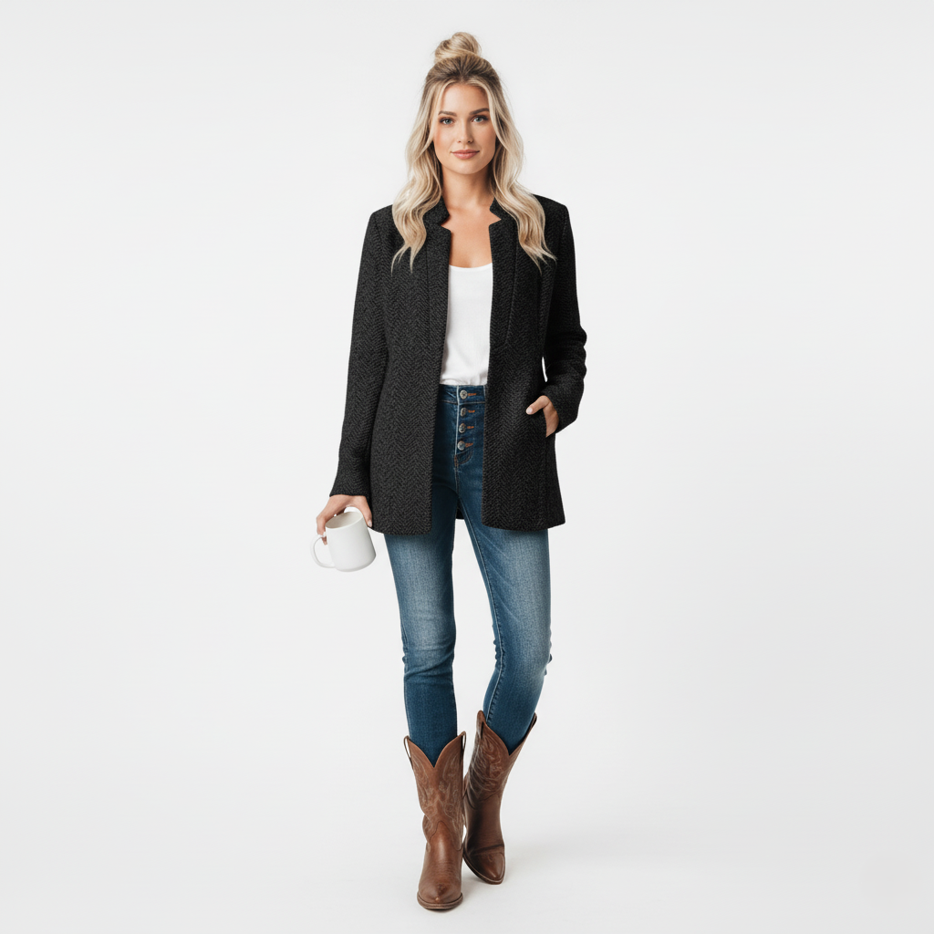 Women's Tailored Coat - Herringbone Pattern - Stand-Up Collar - A-Line Silhouette