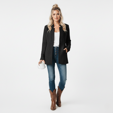 Women's Tailored Coat - Herringbone Pattern - Stand-Up Collar - A-Line Silhouette