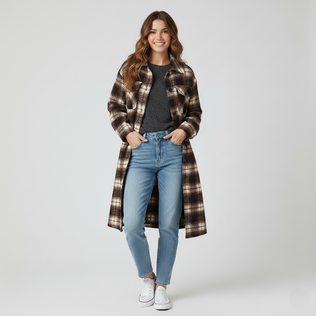 Women’s Shacket - Woven Fabric - Oversized Fit - Long Length - Plaid Pattern