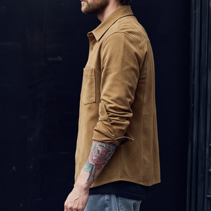 Men’s Casual Jacket – Relaxed Fit – Suede-Like Texture – Button-Up with Pockets