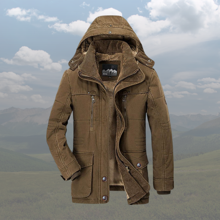 Men's Winter Down Jacket with Hood – Warm Parka Coat, Windproof, Heavy Duty Cotton Shell, Multiple Pockets